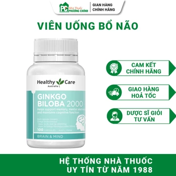 Viên Uống Bổ Não Healthy Care Ginkgo Biloba 2000 - Hỗ Trợ Tăng Cường Lưu Thông Máu Não 100 Viên/Lọ