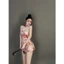 AXT_ Đầm váy ngắn, đầm Tết form mini body cố yếm phối cổ Gấm hoa nổi có mút dây kéo & quần rời