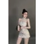 AXT_ Đầm váy ngắn, đầm Tết form mini body cố yếm phối cổ Gấm hoa nổi có mút dây kéo & quần rời