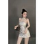 AXT_ Đầm váy ngắn, đầm Tết form mini body cố yếm phối cổ Gấm hoa nổi có mút dây kéo & quần rời