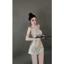 AXT_ Đầm váy ngắn, đầm Tết form mini body cố yếm phối cổ Gấm hoa nổi có mút dây kéo & quần rời