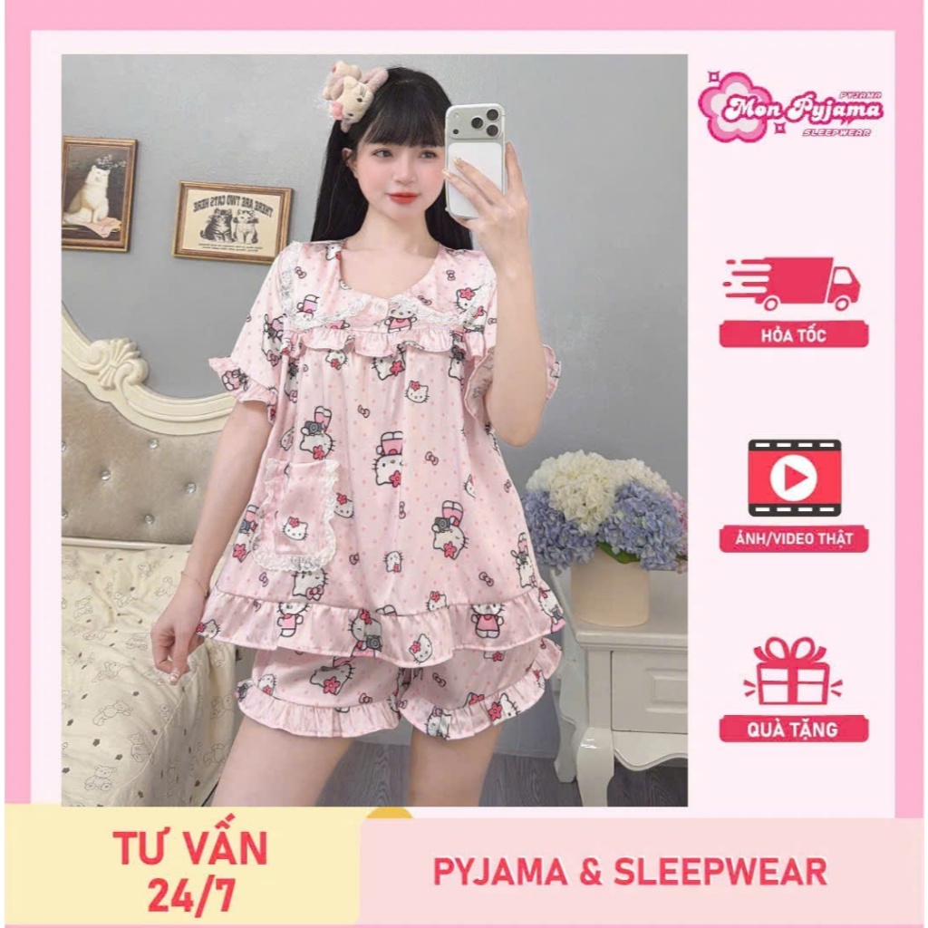 Đồ bộ ngủ tiểu thư, đồ lụa lạnh cao cấp,đồ mặc nhà quần đùi mịn mát hoạ tiết hoạt hình hottrend [15]