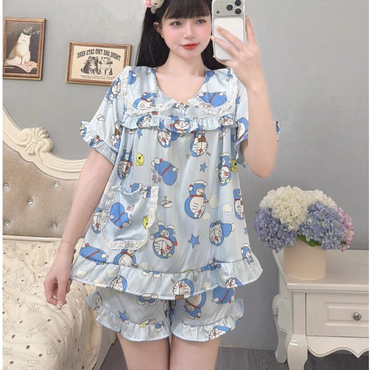 Đồ bộ ngủ tiểu thư, đồ lụa lạnh cao cấp,đồ mặc nhà quần đùi mịn mát hoạ tiết hoạt hình hottrend [15]