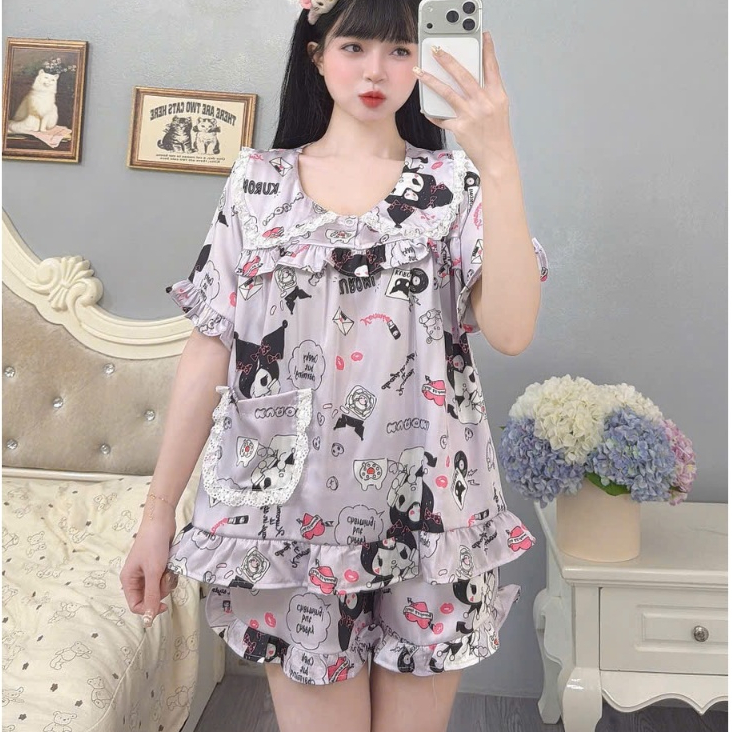 Đồ bộ ngủ tiểu thư, đồ lụa lạnh cao cấp,đồ mặc nhà quần đùi mịn mát hoạ tiết hoạt hình hottrend [15]
