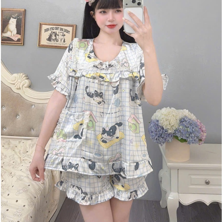 Đồ bộ ngủ tiểu thư, đồ lụa lạnh cao cấp,đồ mặc nhà quần đùi mịn mát hoạ tiết hoạt hình hottrend [15]