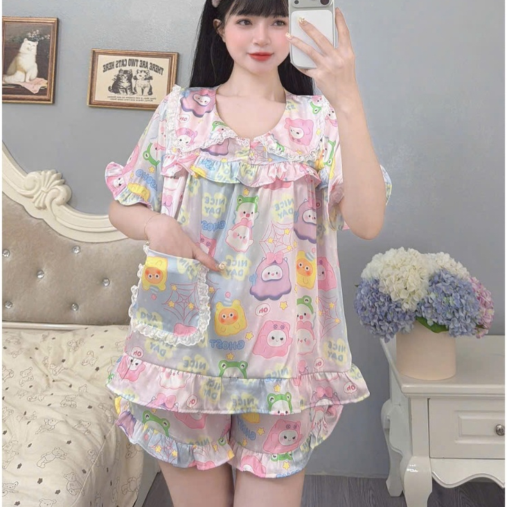 Đồ bộ ngủ tiểu thư, đồ lụa lạnh cao cấp,đồ mặc nhà quần đùi mịn mát hoạ tiết hoạt hình hottrend [15]