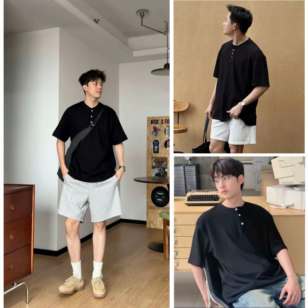 Áo thun cổ trụ 3KMENSWEAR áo thun cổ 10cm form rộng tay ngắn chất liệu tổ ong thoáng mát