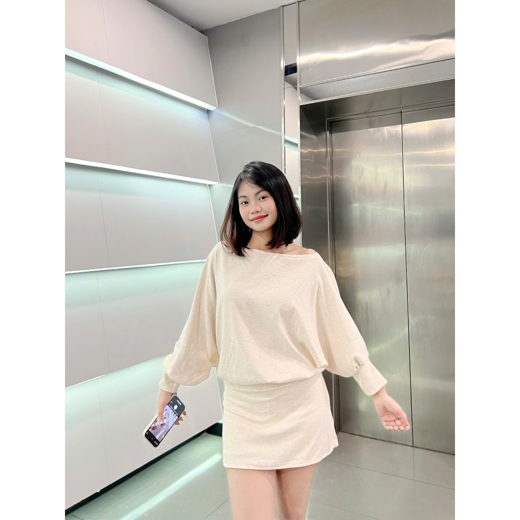 [SALE VUI 7.7]_Set áo trễ vai tay dơi bo ống mix chân váy(có quần bảo hộ) S001