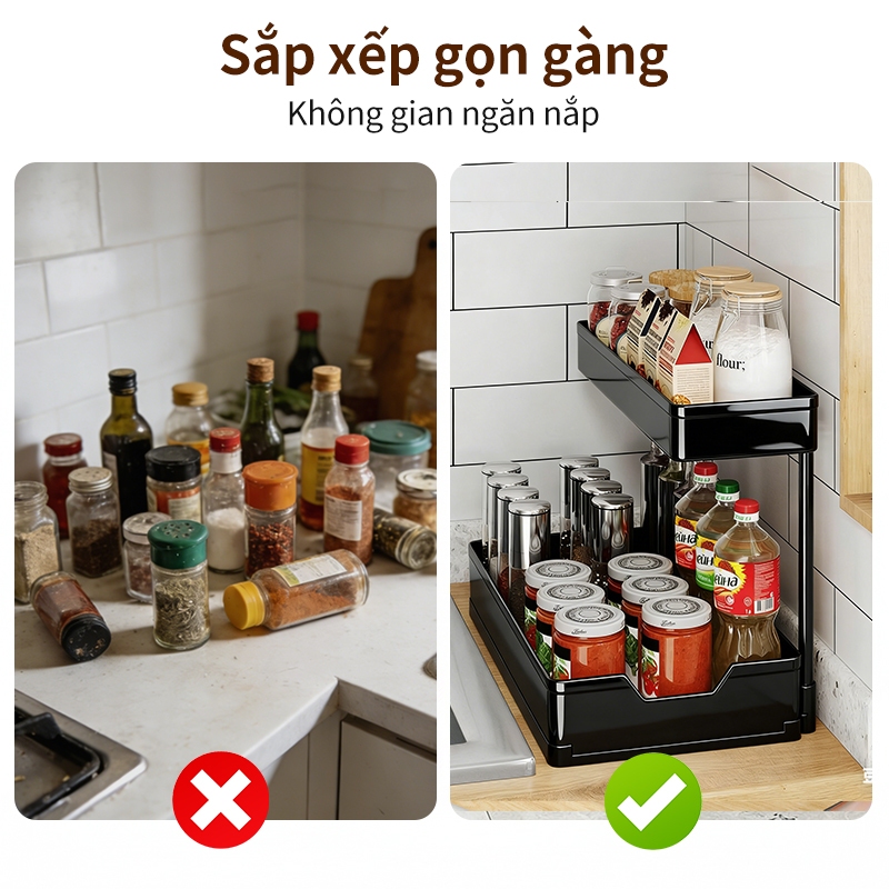 iSPECLE Kệ Đựng Gia Vị Nhà Bếp 2 Tầng Có Ray Trượt - Khung Chắc Chắn, Chống Gỉ Hiệu Quả, Kéo Mượt Mà