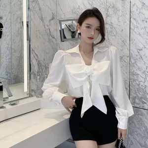 Áo Sơ Mi Nữ Trắng Tay Phồng Cổ Nơ Phong Cách Hàn Quốc – Blouse Thanh Lịch Sexy Nhẹ Đi Làm, Đi Chơi