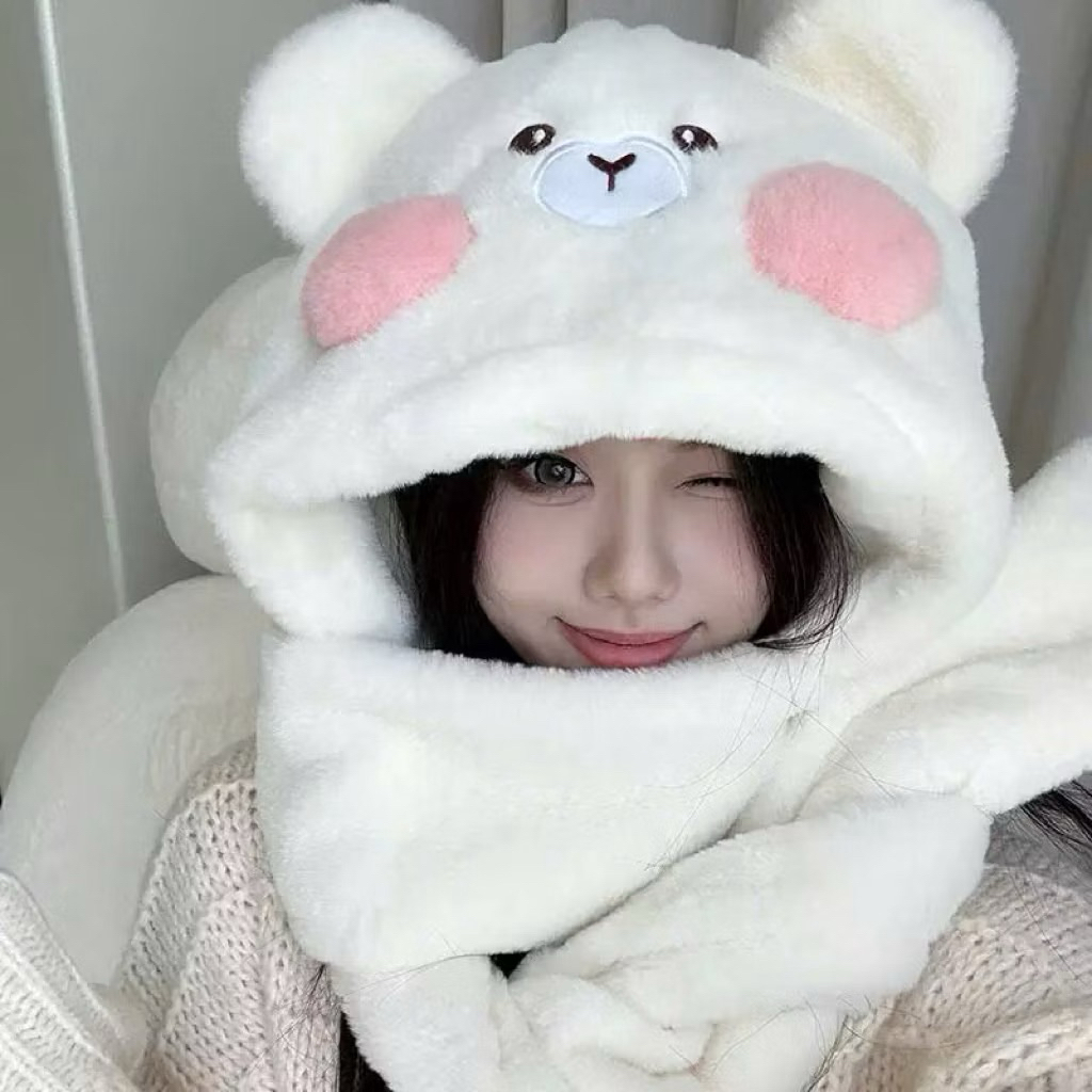 Mũ Lông Khăn Quàng Cổ Gang Tay Hình Gấu Má Hồng Phong Cách Hàn Quốc Dễ Thương