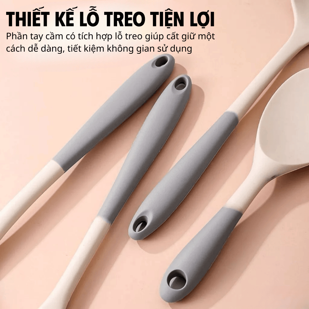 Bộ 5 dụng cụ nấu ăn bằng silicone an toàn, chịu nhiệt tốt, dễ dàng vệ sinh, có lỗ treo tiện lợi