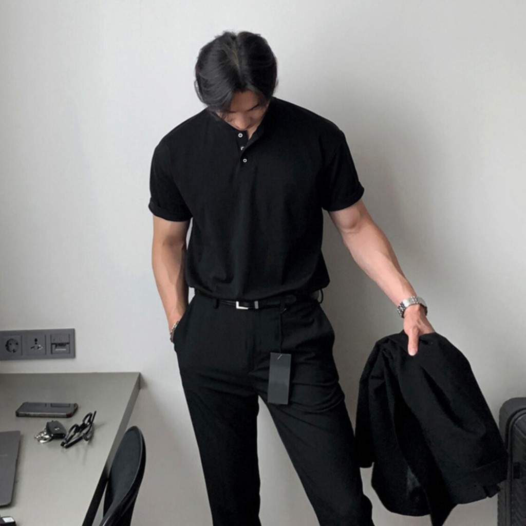 Áo thun cổ trụ 3KMENSWEAR áo thun cổ 10cm form rộng tay ngắn chất liệu tổ ong thoáng mát