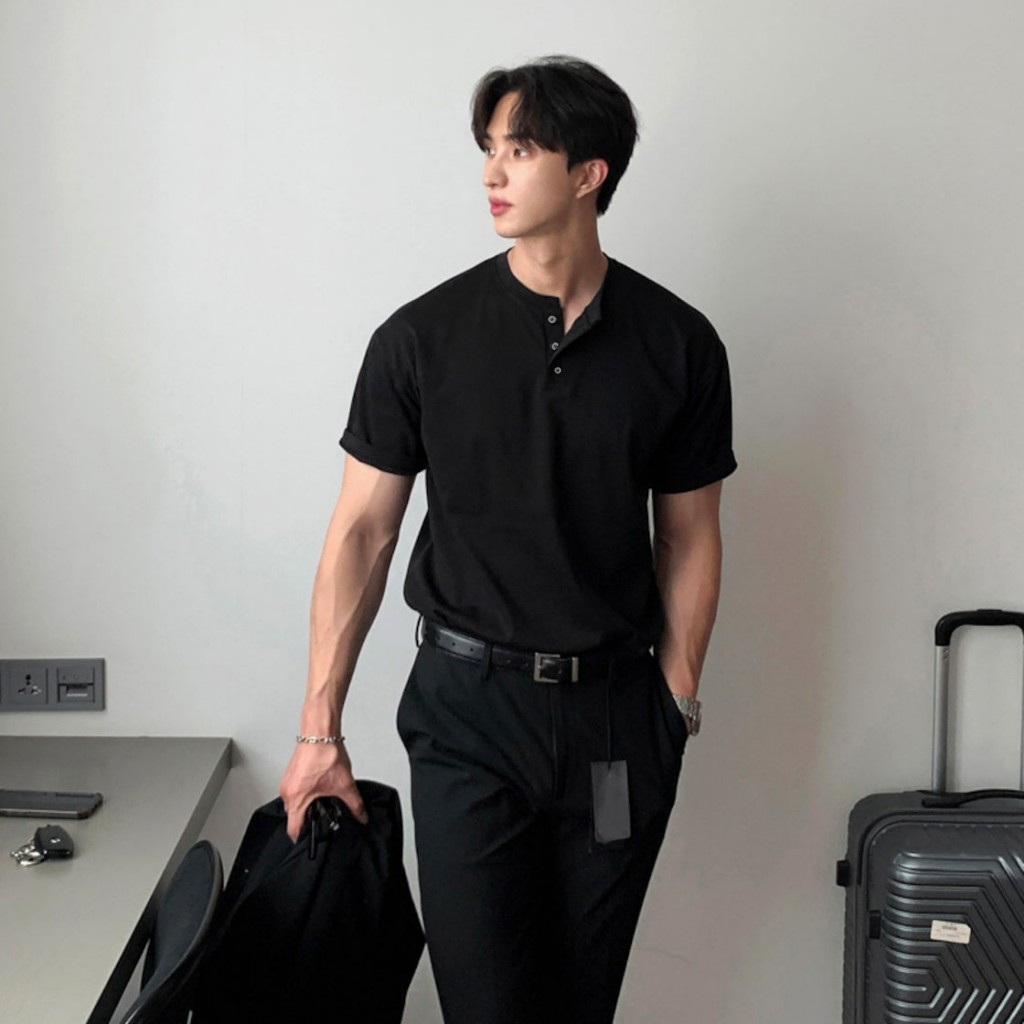 Áo thun cổ trụ 3KMENSWEAR áo thun cổ 10cm form rộng tay ngắn chất liệu tổ ong thoáng mát