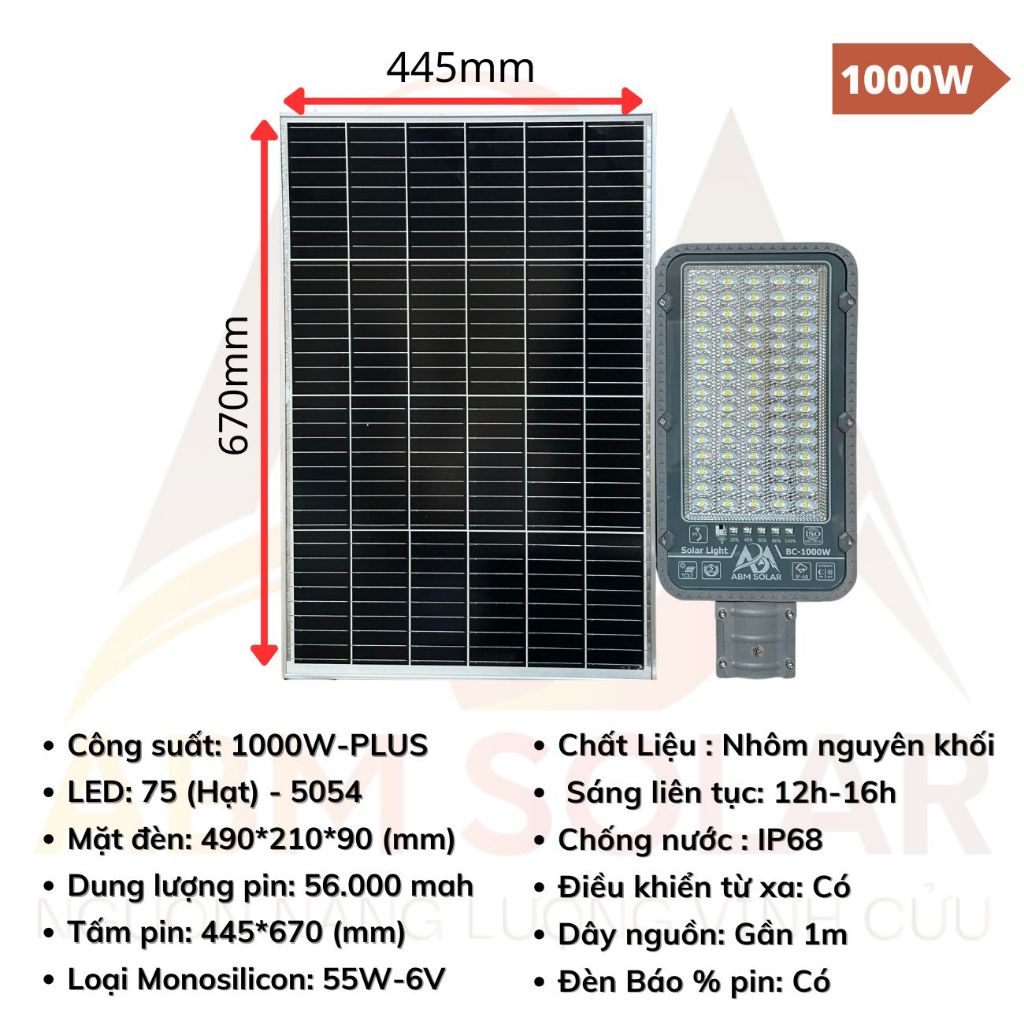 [1000w-PLUS]  Đèn Đường Năng Lượng Mặt Trời Bàn Chải Điều Khiển Từ Xa, Pin Mono, Đổi 3 Màu LED, Nhôm Đúc Nguyên Khối