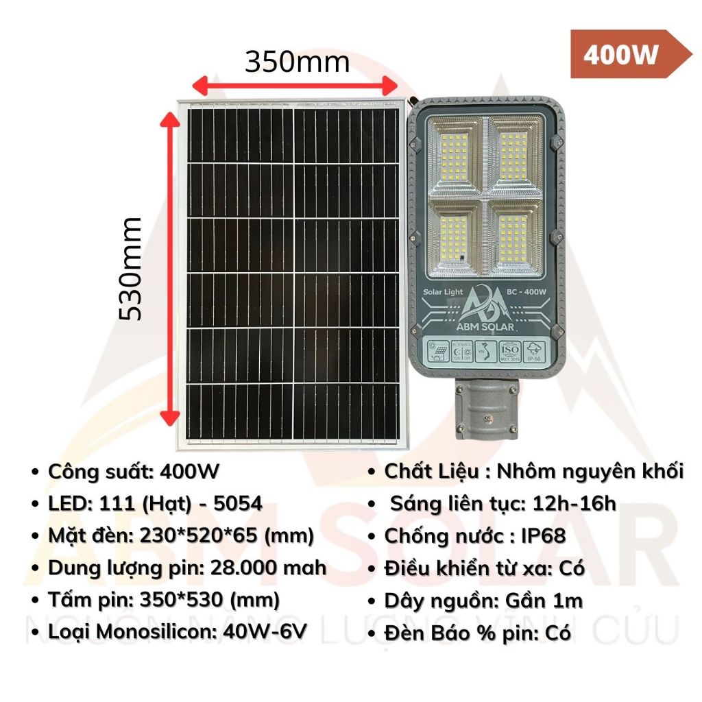 [400W] Đèn Đường Năng Lượng Mặt Trời ABMSOLAR Tấm Pin Năng Lượng Rời Chống Nước IP68 Vỏ Nhôm Nguyên Khối, Đổi 3 Màu LED