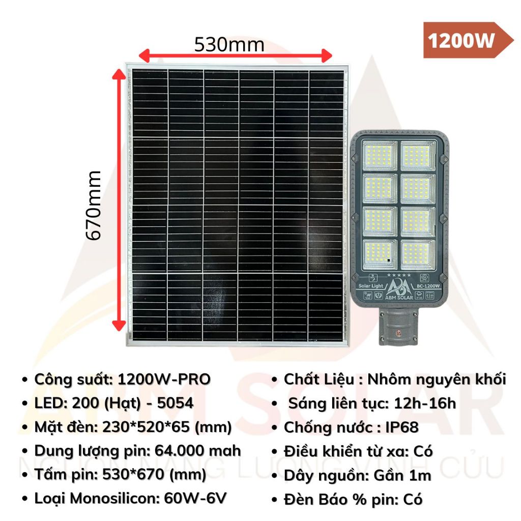 Đèn Đường Năng Lượng Mặt Trời ABMSOLAR 400W-1200W Tấm Pin Rời, Vỏ Nhôm Nguyên Khối, Chống Nước IP68, Remote Điều Khiển