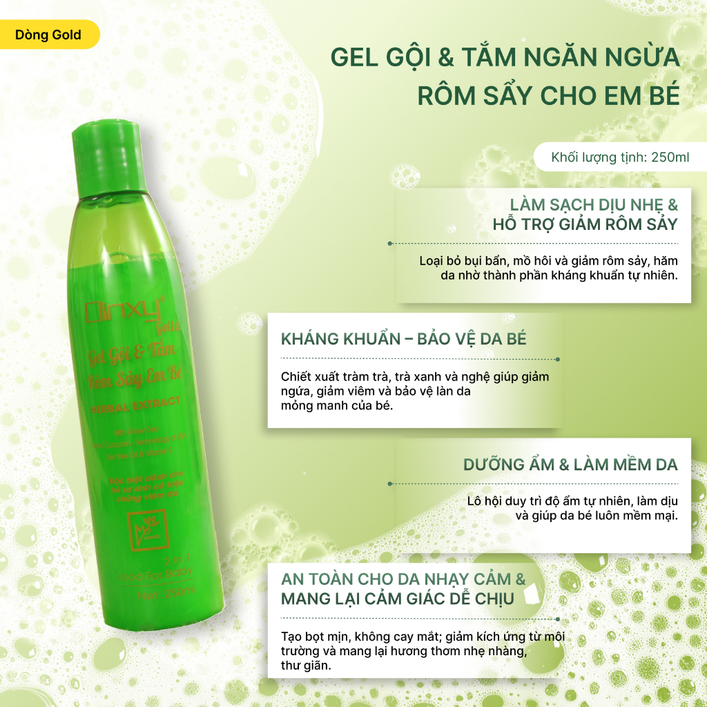 Sữa Tắm Cho Bé Clinxy Gold, Gel Tắm Cho Da Nhạy Cảm Giúp Ngừa Rôm Sảy, Hỗ Trợ Làm Dịu Da bé (250ml)