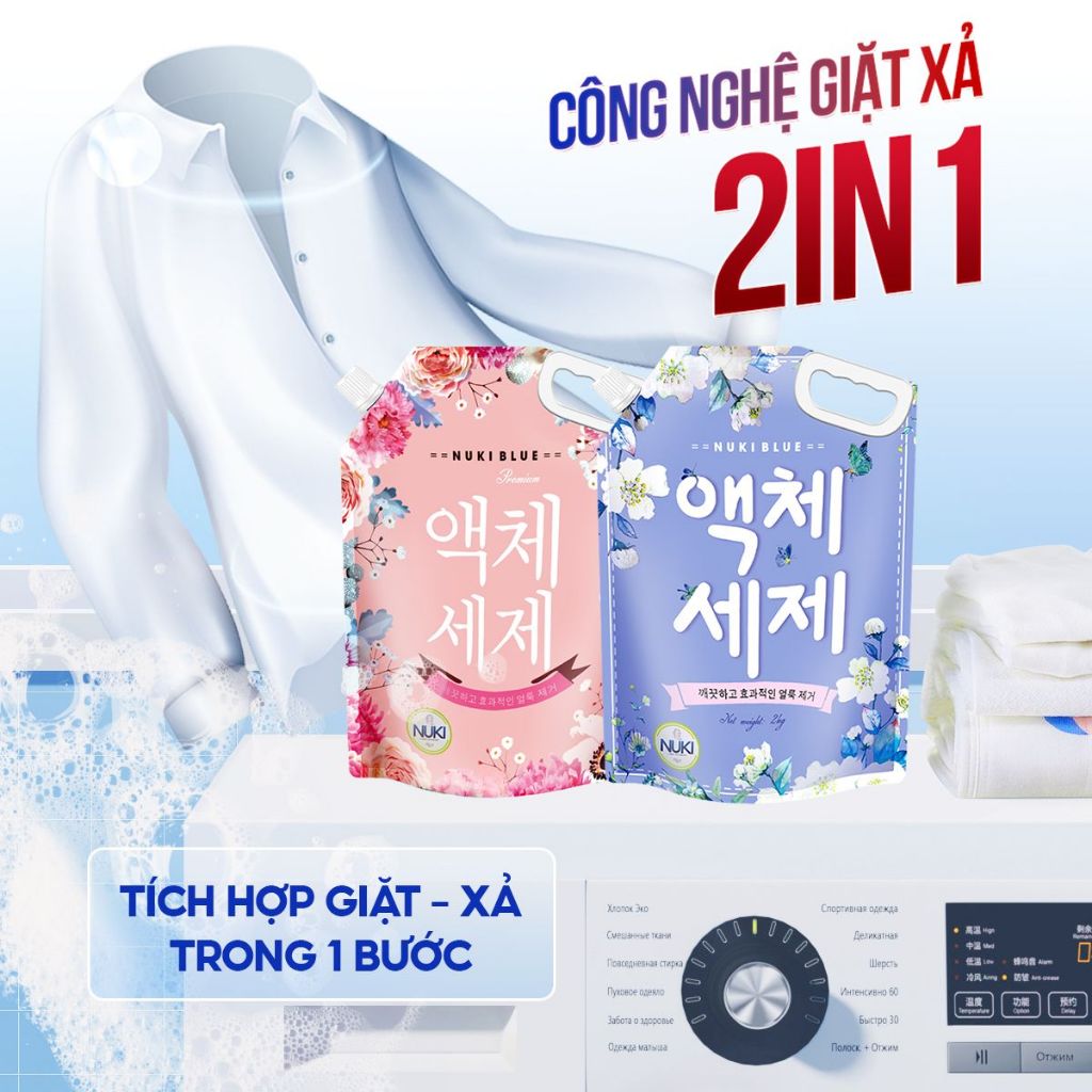 Túi Nước Giặt Mini Nuki Blue 500ml Giặt Xả 2 Trong 1 Hương Thơm Dịu Nhẹ Nhỏ Gọn Tiện Lợi