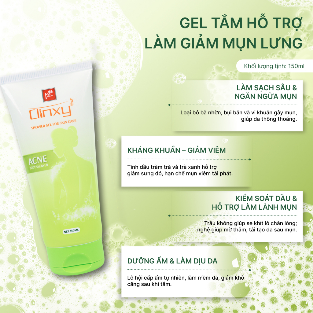 [TẶNG QUÀ MINISIZE] Sữa Tắm Giúp Giảm Mụn Lưng Clinxy, Gel Tắm An Toàn Lành Tính Cho Làn Da (150ml)