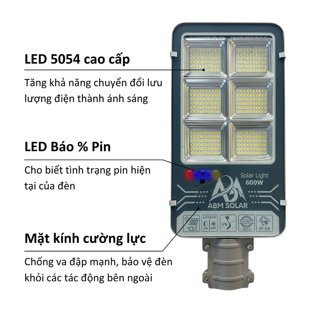 [600W PRO] Đèn Đường, Sân Vườn Năng Lượng Mặt Trời ABMSOLAR, Đổi 3 Màu LED, Chống Nước IP68, Vỏ Nhôm