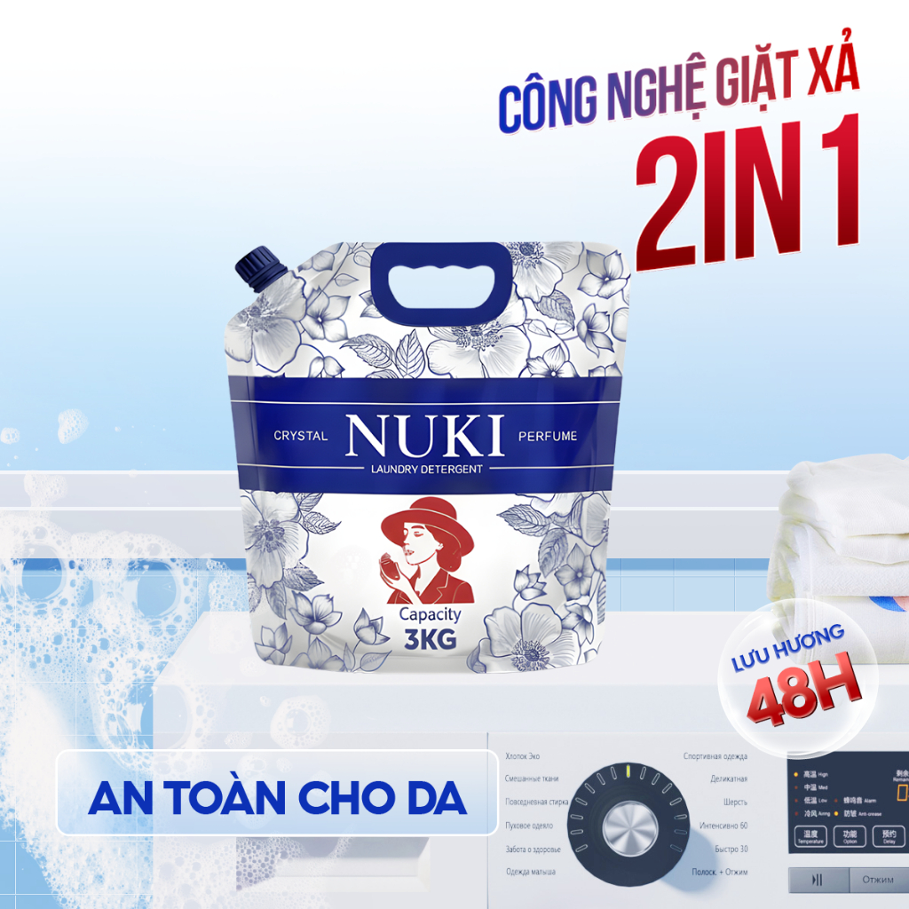 Nước Giặt Xả NUKI 3kg COMBO 2 TÚI (6kg) + TẶNG 1KG Bột Giặt - Hương Nước Hoa Pháp Lưu 48H
