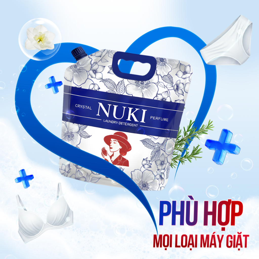 Nước Giặt Xả NUKI 3kg COMBO 2 TÚI (6kg) + TẶNG 1KG Bột Giặt - Hương Nước Hoa Pháp Lưu 48H