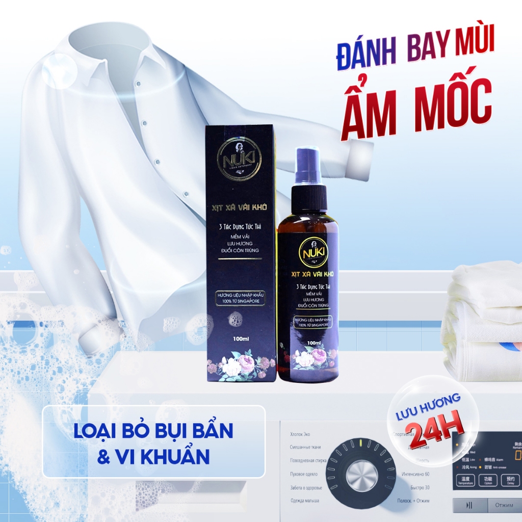 Chai Xịt Xả Vải Khô Nuki Hương Nước Hoa 100ml Xịt Thơm Quần Áo Lưu Hương Mềm Vải