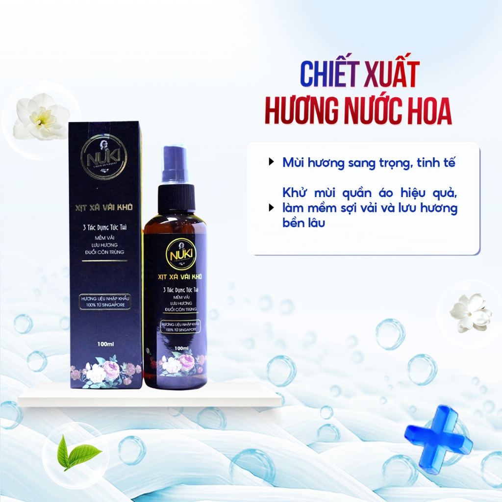 Chai Xịt Xả Vải Khô Nuki Hương Nước Hoa 100ml Xịt Thơm Quần Áo Lưu Hương Mềm Vải
