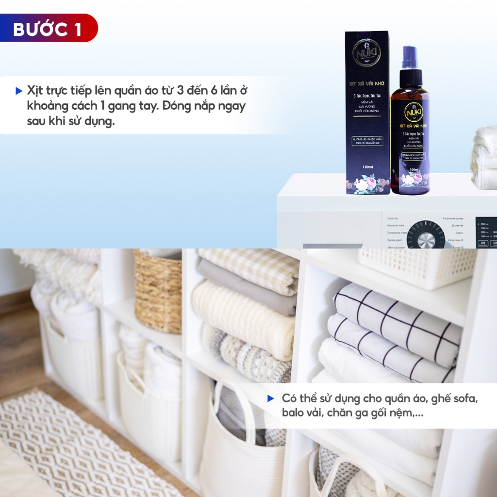 Chai Xịt Xả Vải Khô Nuki Hương Nước Hoa 100ml Xịt Thơm Quần Áo Lưu Hương Mềm Vải