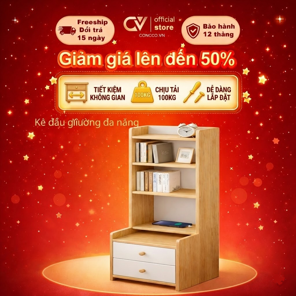 CONOCO Tủ Đầu Giường  Kết Hợp Kệ Sách Đa Năng  Gỗ MDF Chống Ẩm, Nhiều Tầng Có Ngăn Kéo