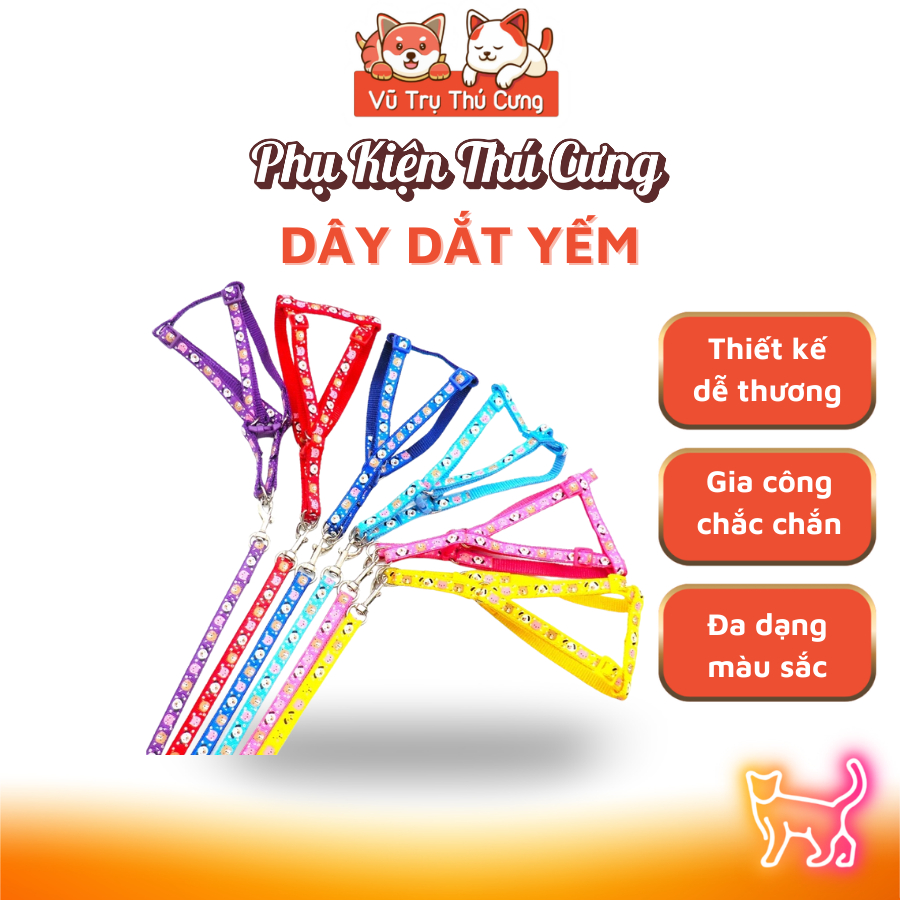 Set dây dắt chó mèo đi dạo, dây vòng cổ, dây yếm (màu ngẫu nhiên)