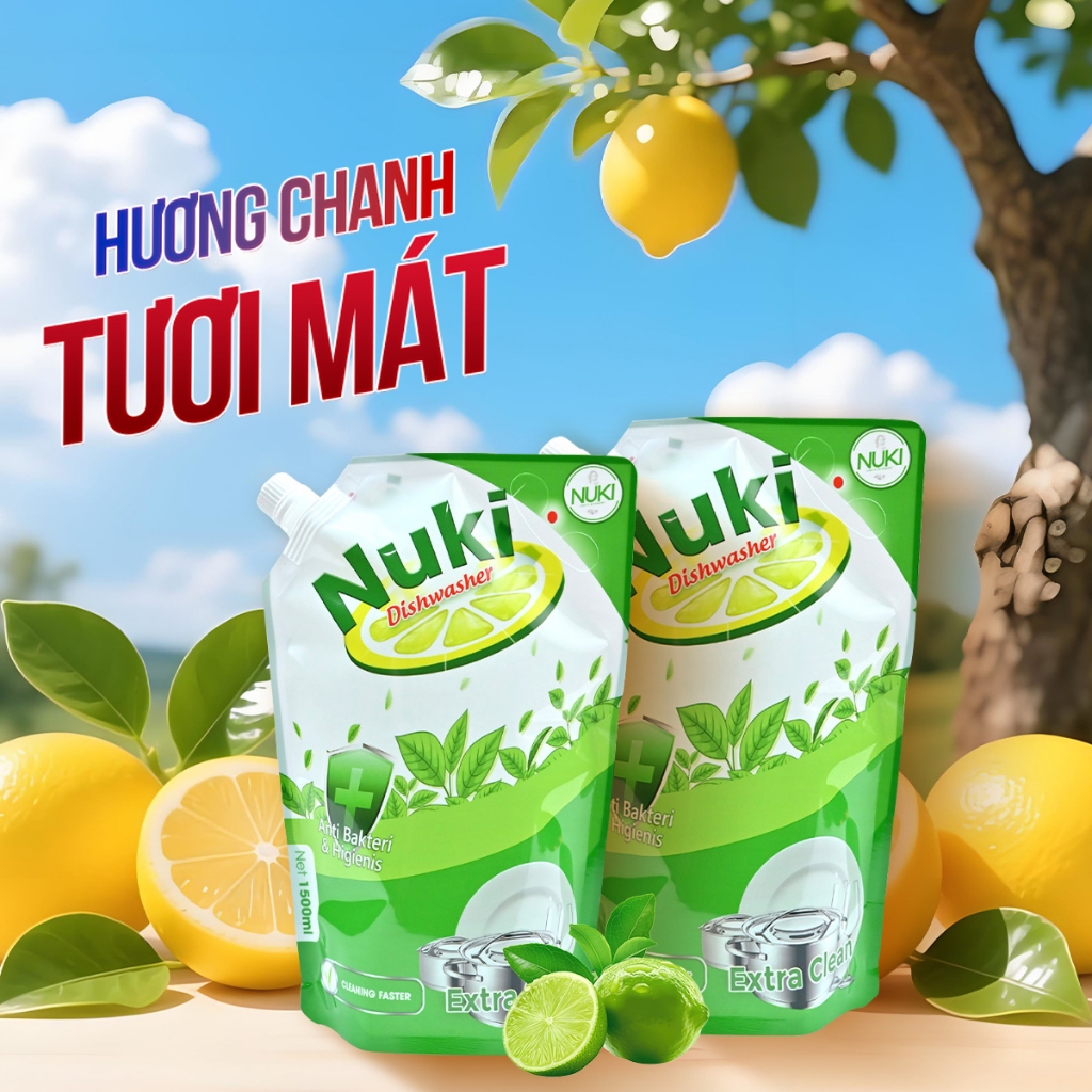 Nước Rửa Chén Bát Công Nghệ Hàn Quốc Nuki 1500ml Hương Chanh Không Lưu Mùi