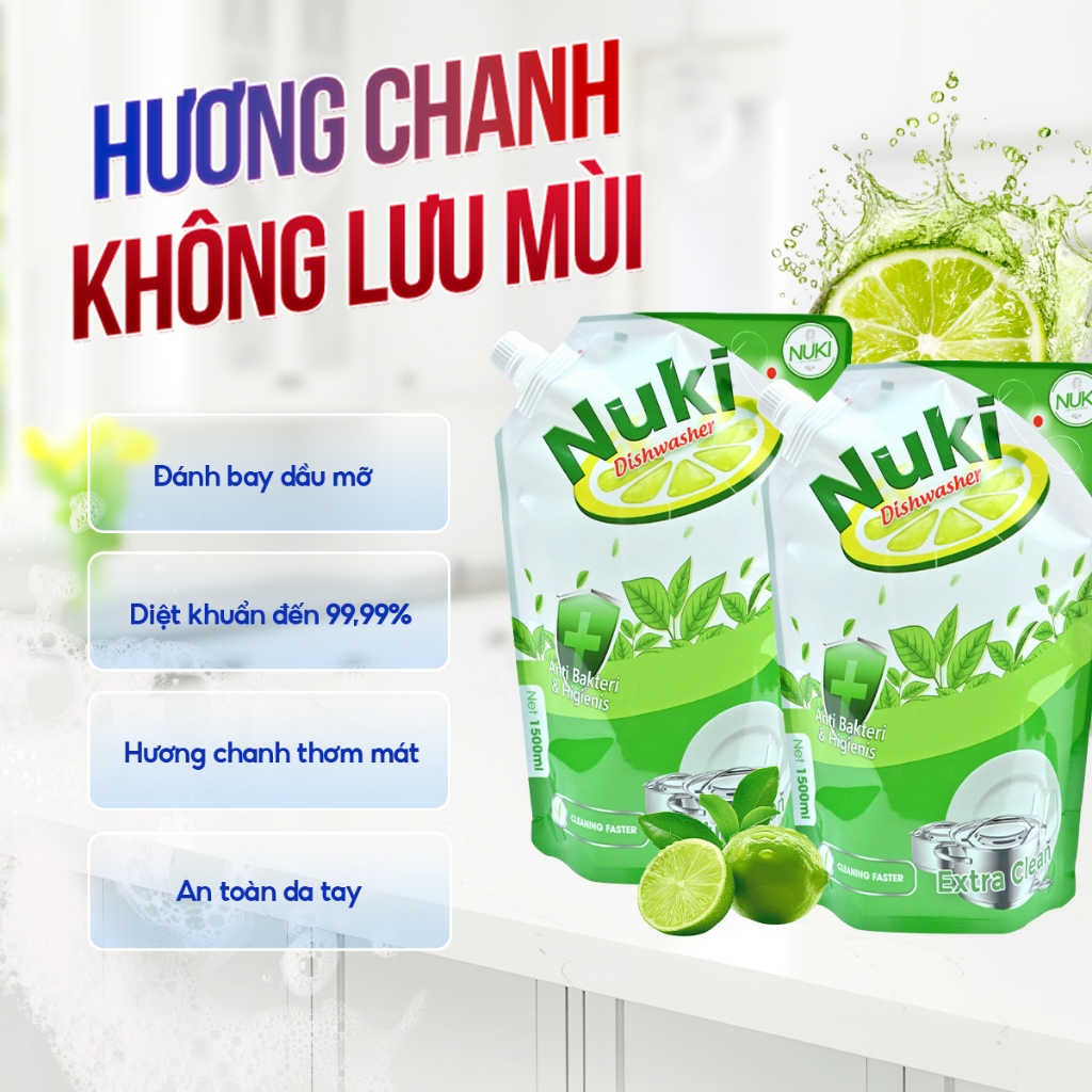 Nước Rửa Chén Bát Công Nghệ Hàn Quốc Nuki 1500ml Hương Chanh Không Lưu Mùi