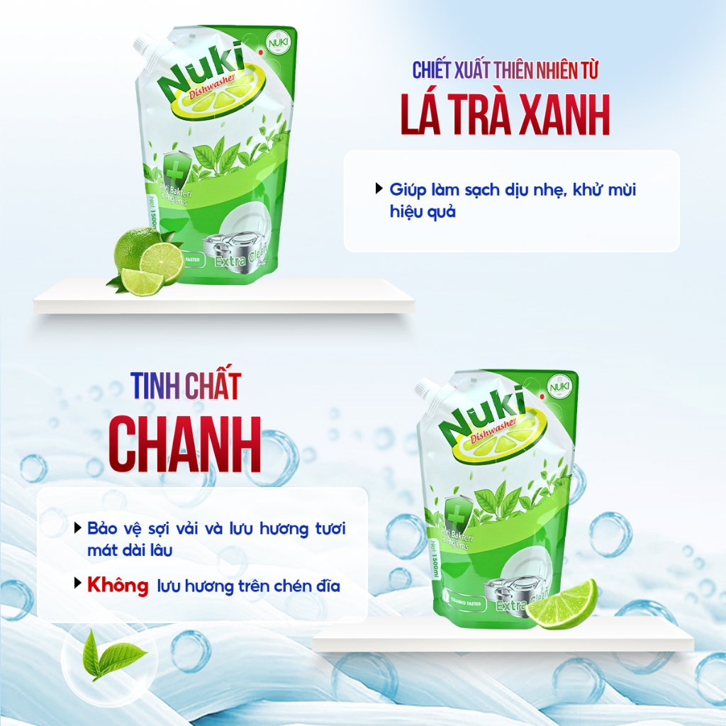 Nước Rửa Chén Bát Công Nghệ Hàn Quốc Nuki 1500ml Hương Chanh Không Lưu Mùi