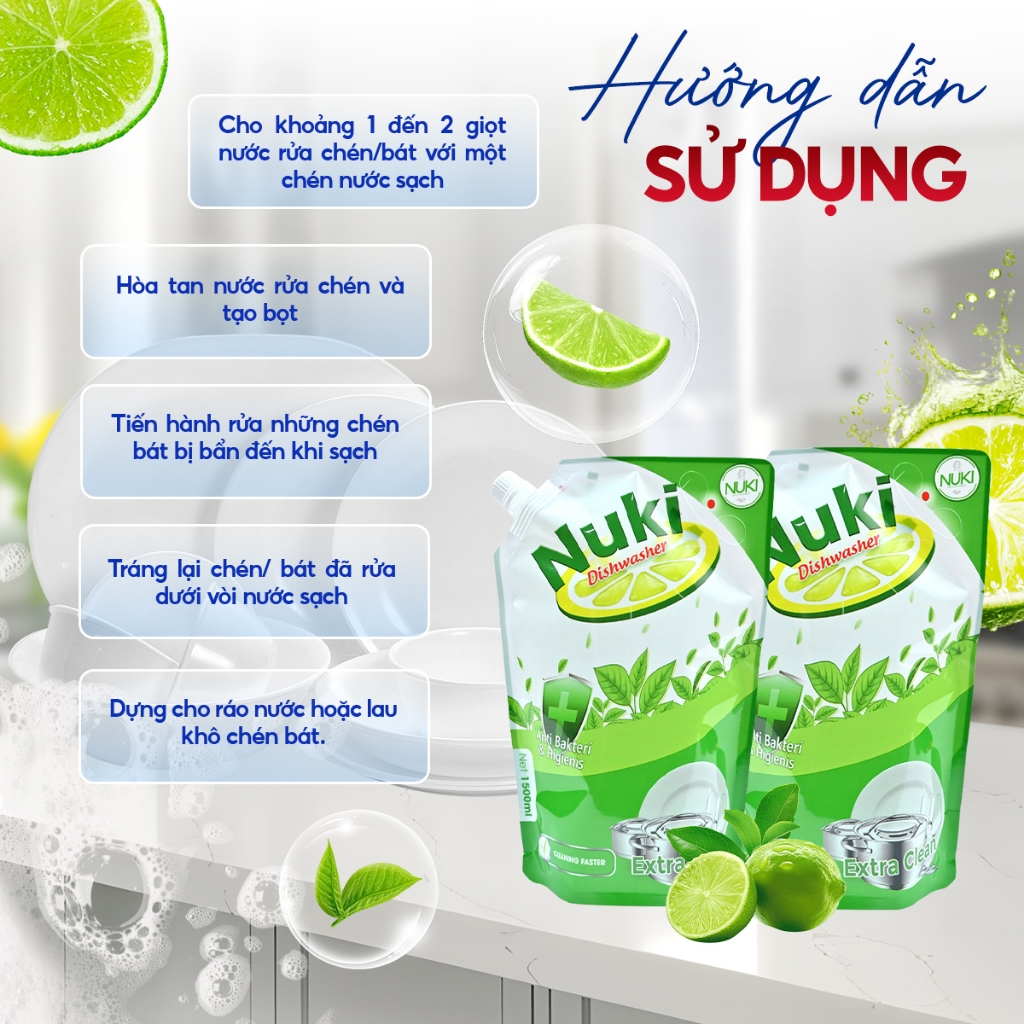 Nước Rửa Chén Bát Công Nghệ Hàn Quốc Nuki 1500ml Hương Chanh Không Lưu Mùi