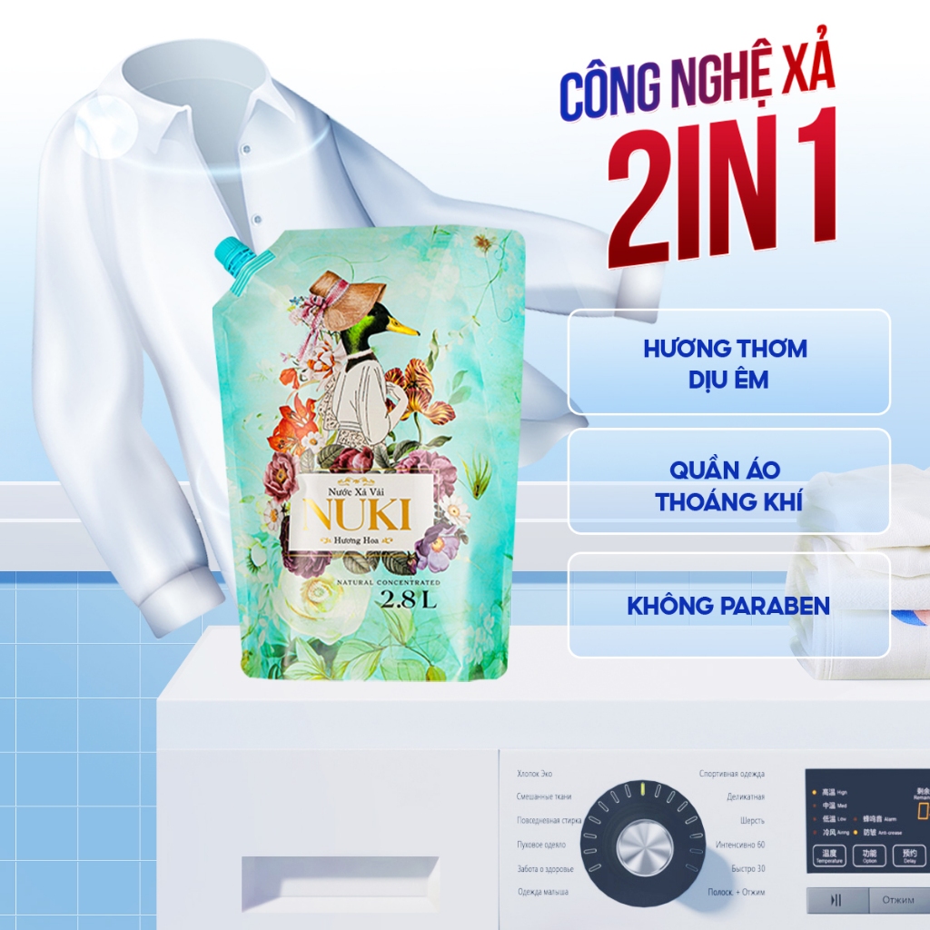 Nước xả vải Nuki Cô Vịt Xanh Đậm Đặc 2.8 kg Hương thơm tổng hợp từ những loại hoa từ thiên nhiên