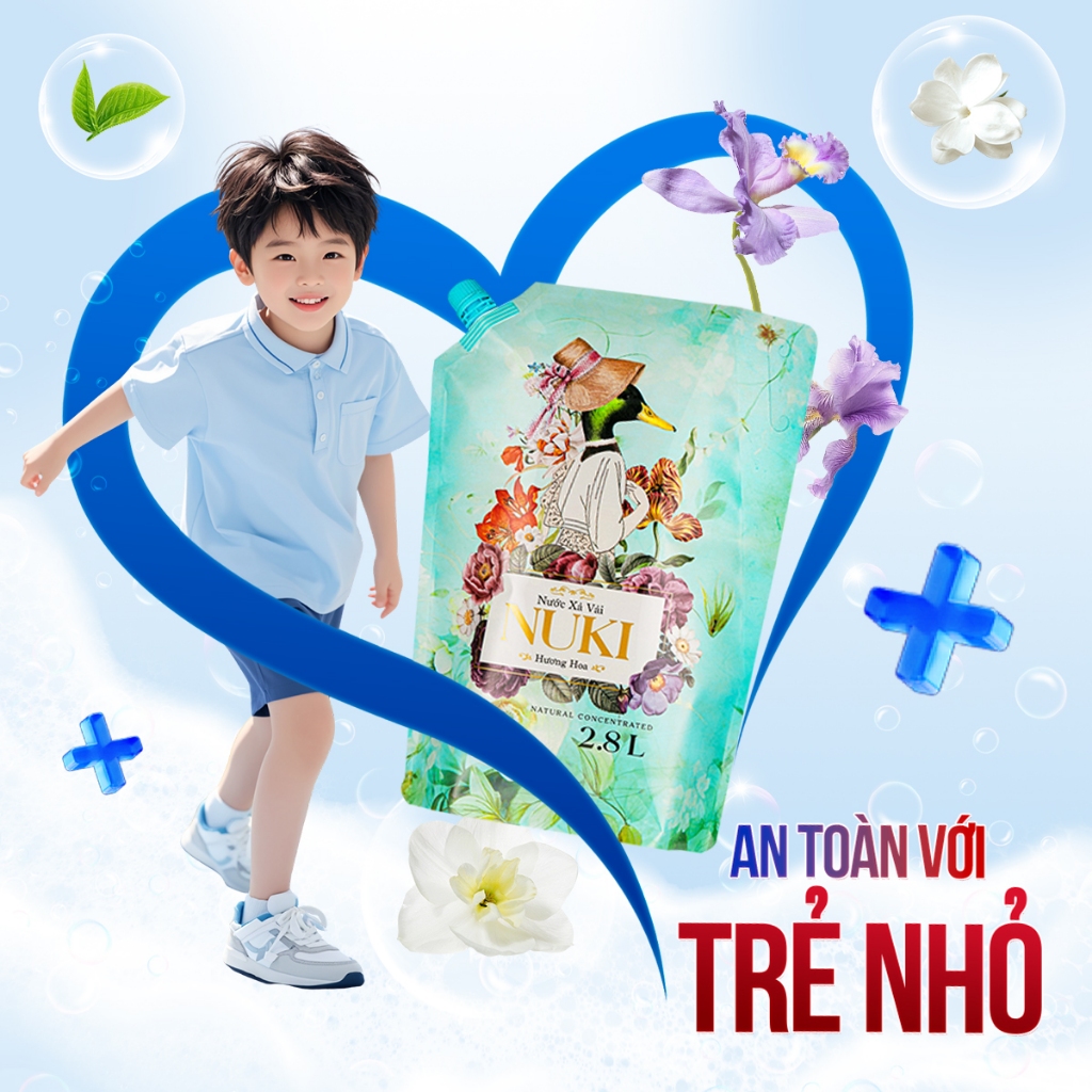 Nước xả vải Nuki Cô Vịt Xanh Đậm Đặc 2.8 kg Hương thơm tổng hợp từ những loại hoa từ thiên nhiên