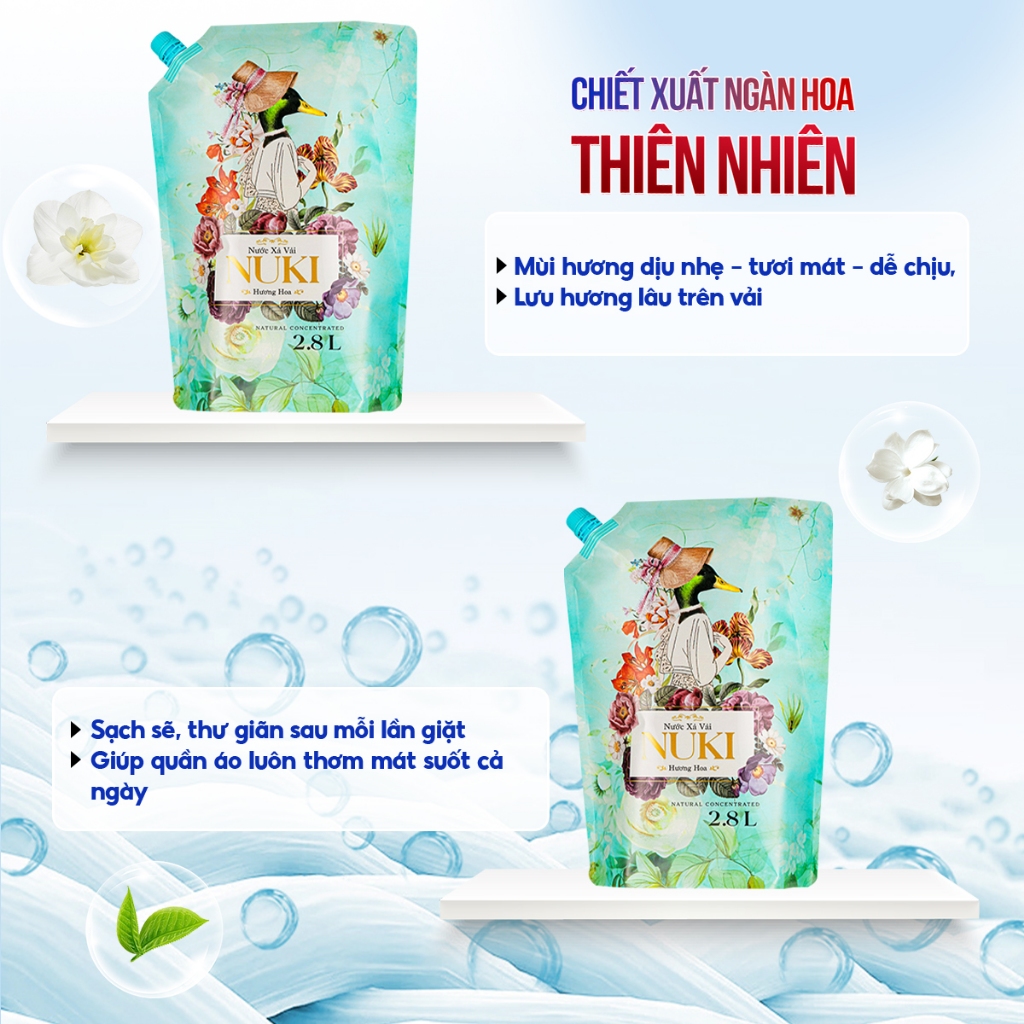 Nước xả vải Nuki Cô Vịt Xanh Đậm Đặc 2.8 kg Hương thơm tổng hợp từ những loại hoa từ thiên nhiên