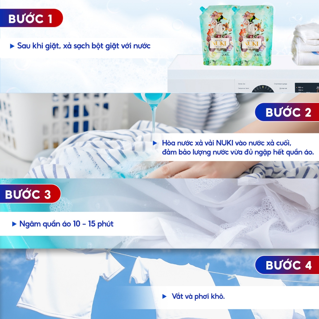 Nước xả vải Nuki Cô Vịt Xanh Đậm Đặc 2.8 kg Hương thơm tổng hợp từ những loại hoa từ thiên nhiên