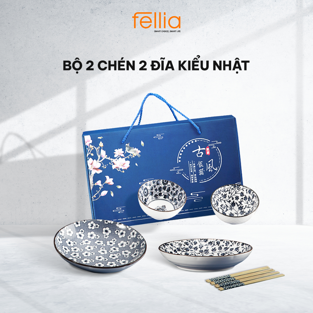 Mô tả Bộ 2 chén bát 2 đĩa Fellia kiểu Nhật (2 chén, 2 đĩa, 2 đũa) | Sứ cao cấp | Đóng hộp quà tặng - 1