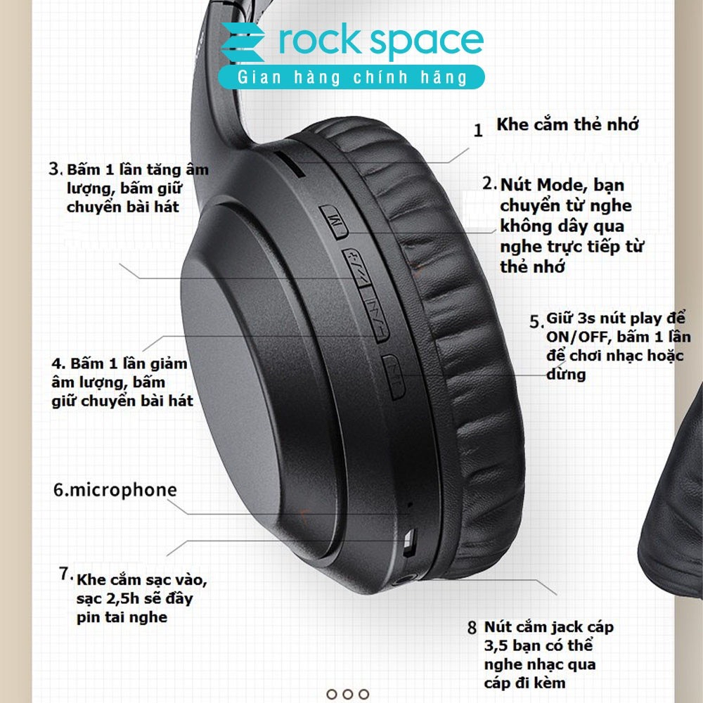 Mô tả Headphone Tai nghe bluetooth chụp tai Rockspace O2 chính hãng có mic nghe nhạc 15h  bảo hành 1 năm - 5