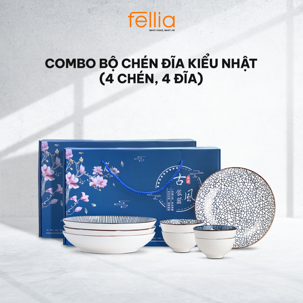 Mô tả Combo 2 bộ chén bát đĩa Fellia kiểu Nhật (4 chén, 4 đĩa, 4 đũa) | Sứ cao cấp | Đóng hộp quà tặng - 1
