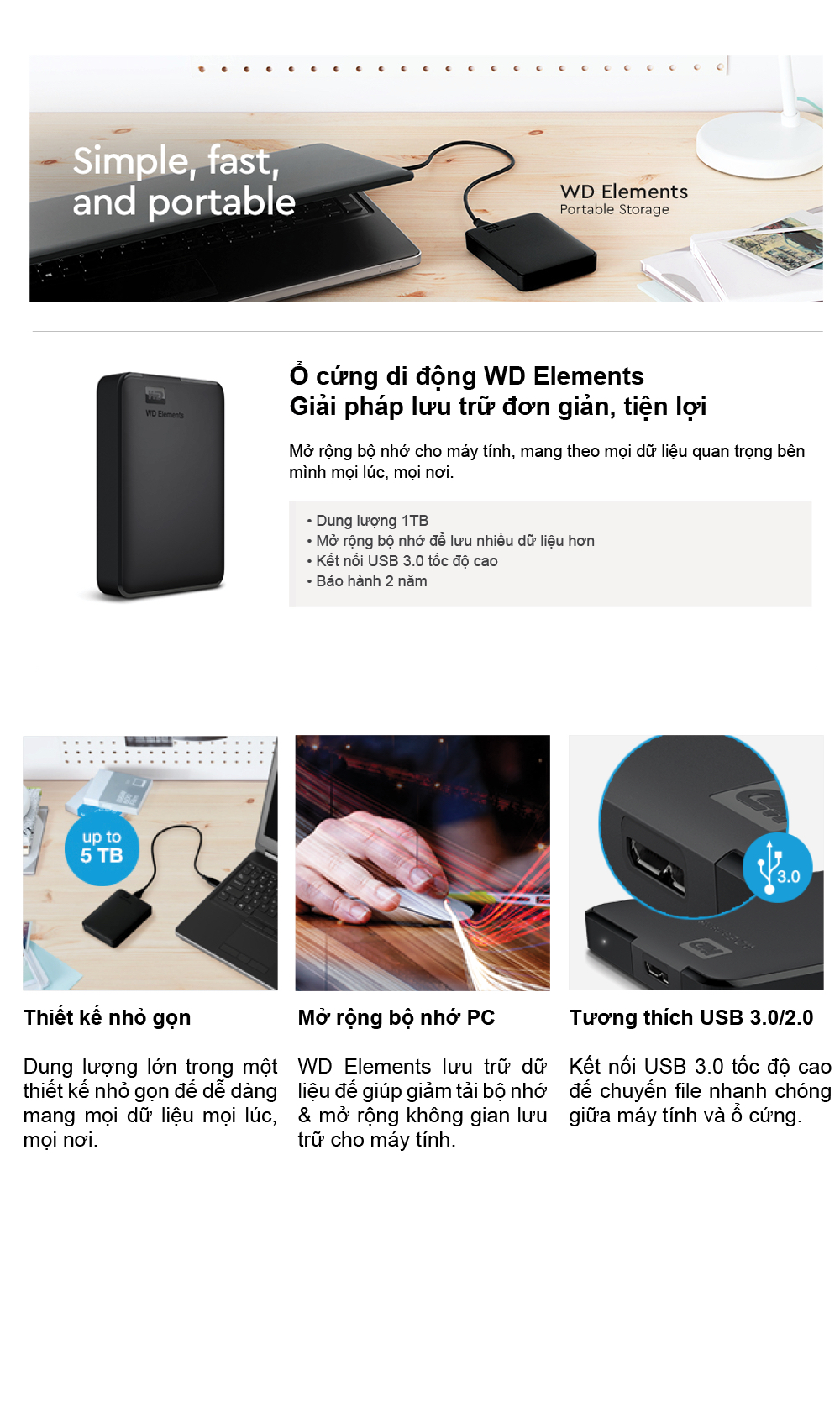 Mô tả Ổ cứng di động Western Digital WD Elements 2.5" 1TB Đen - WDBUZG0010BBK - 1