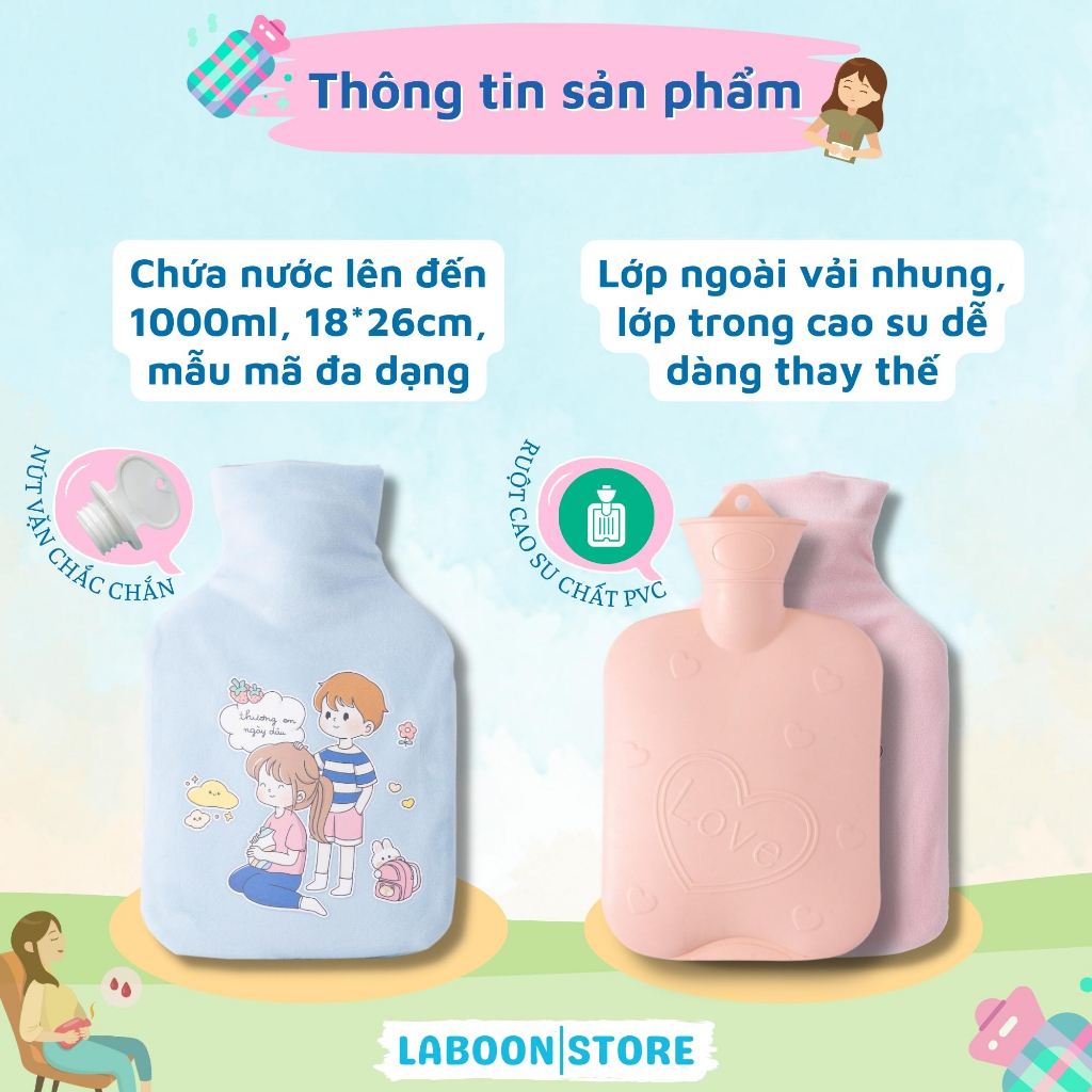 Mô tả Túi chườm ấm đa năng LABOON chất liệu cao su PVC 1000ml giữ nhiệt sưởi ấm đa năng lông nhung mềm mại - 3