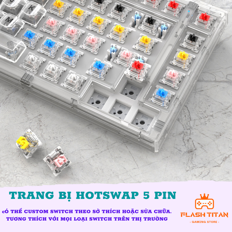 Bàn phím Cơ Trong Suốt X75 HOTSWAP 5 pin, Keycap trong suốt đẹp mắt Led ...