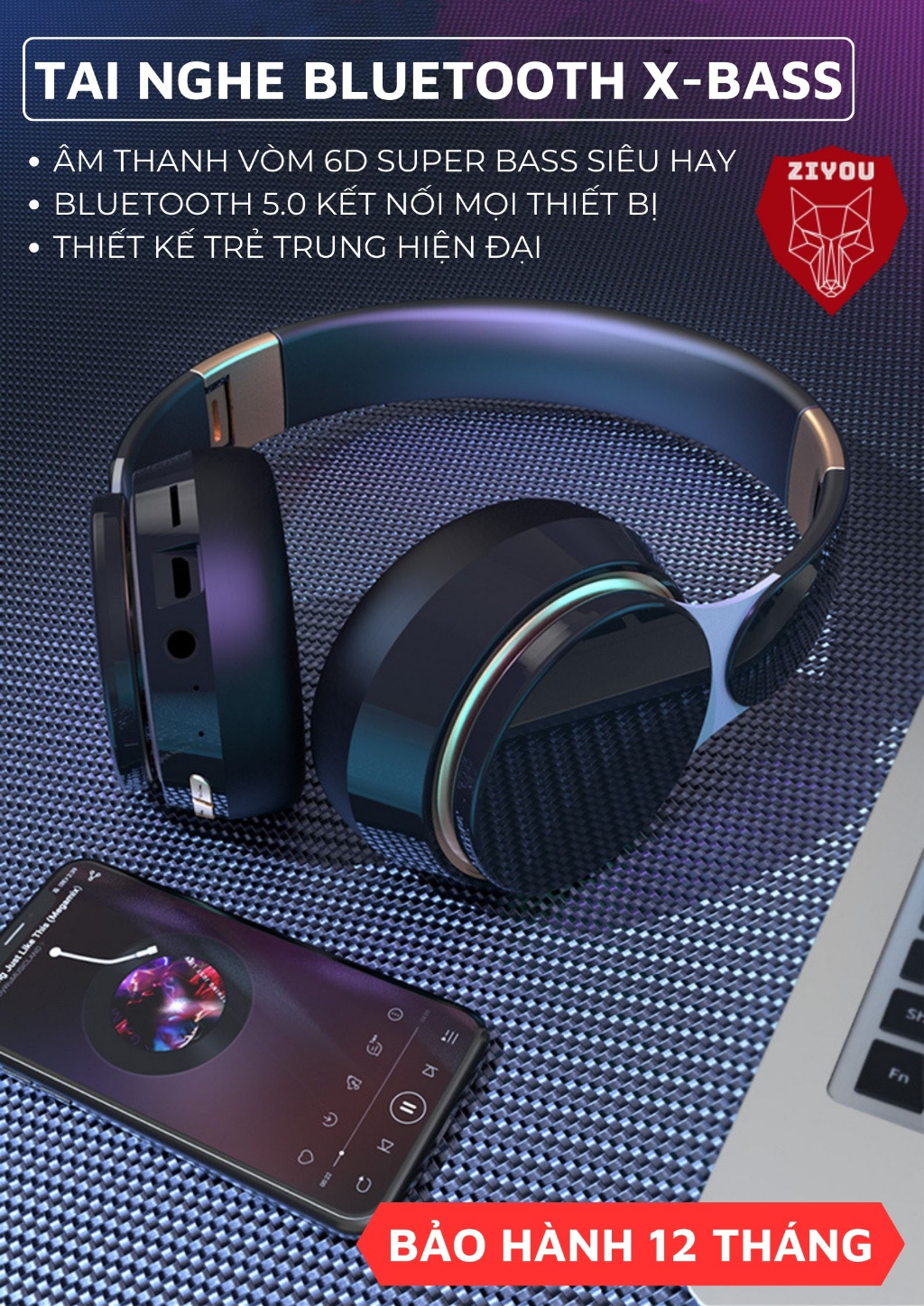 Mô tả Tai Nghe Chụp Tai Bluetooth Không Dây Ziyou X-BASS Cho Điện Thoại Máy Tính Có Mic Âm Thanh Siêu Bass - 7