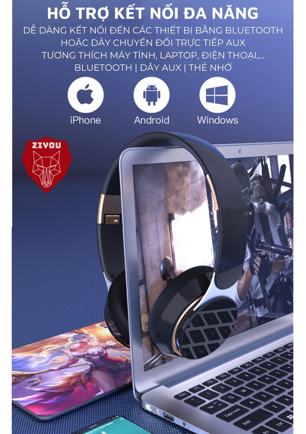 Mô tả Tai Nghe Chụp Tai Bluetooth Không Dây Ziyou X-BASS Cho Điện Thoại Máy Tính Có Mic Âm Thanh Siêu Bass - 10