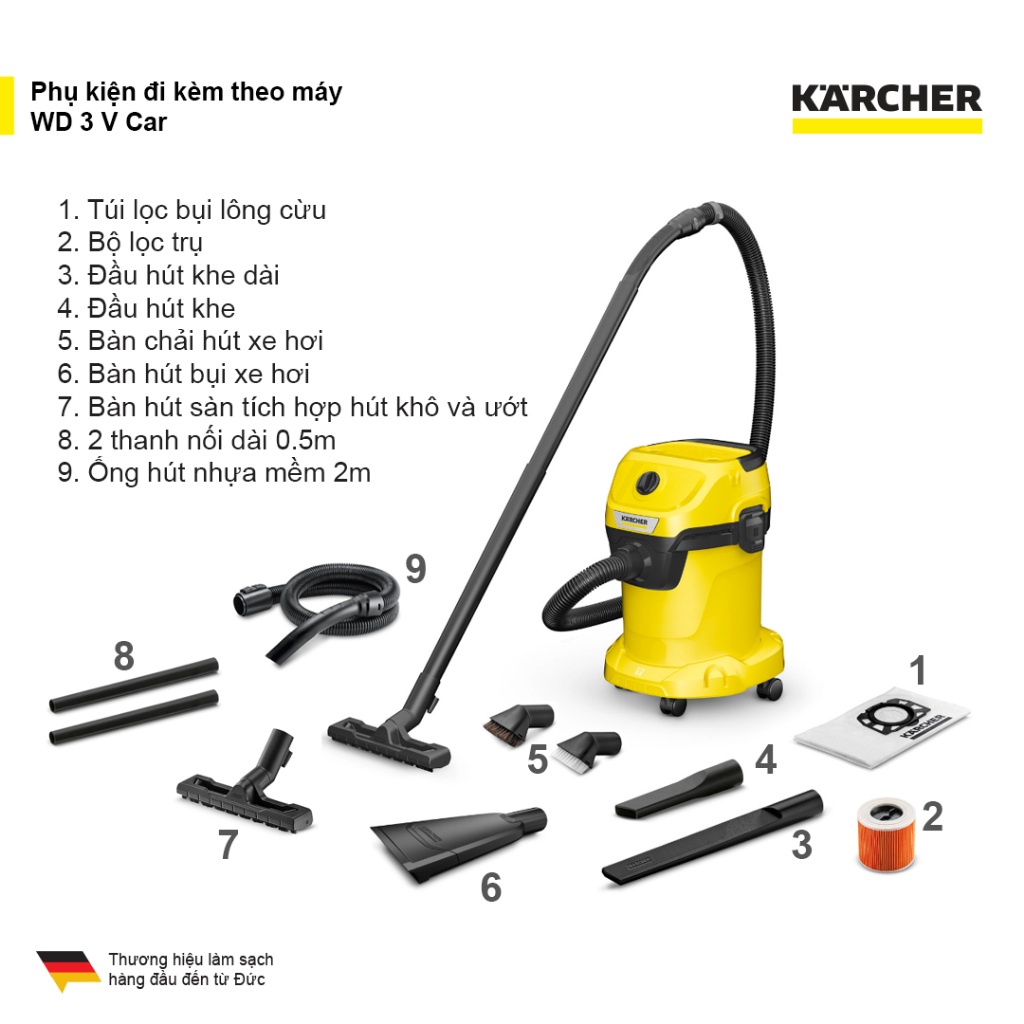 Mô tả Máy hút bụi đa năng khô và ướt Karcher WD 3 V Car - Công suất 1000W - Dùng cho gia đình và ô tô - 1