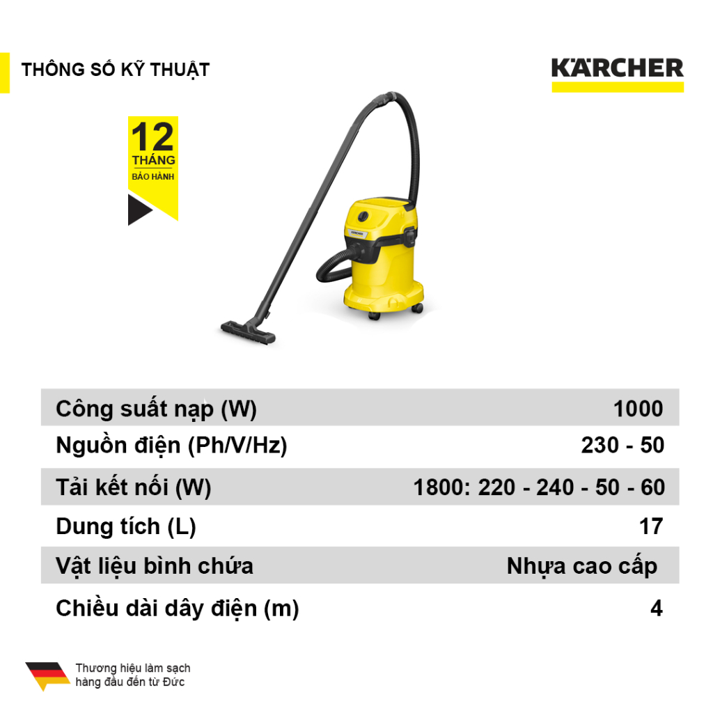Mô tả Máy hút bụi đa năng khô và ướt Karcher WD 3 V Car - Công suất 1000W - Dùng cho gia đình và ô tô - 2